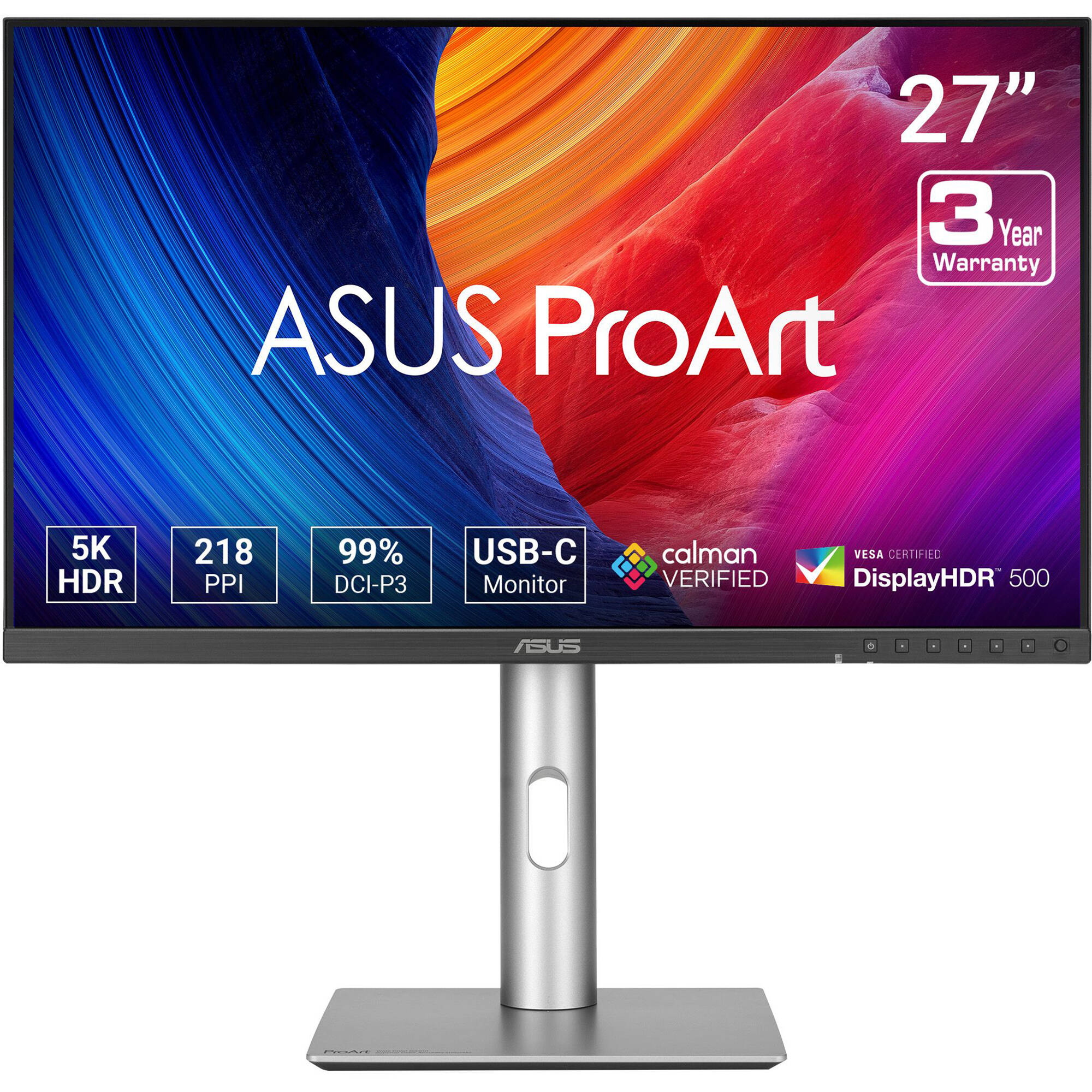 ASUS ProArt monitor with colorful display and specifications on a white background