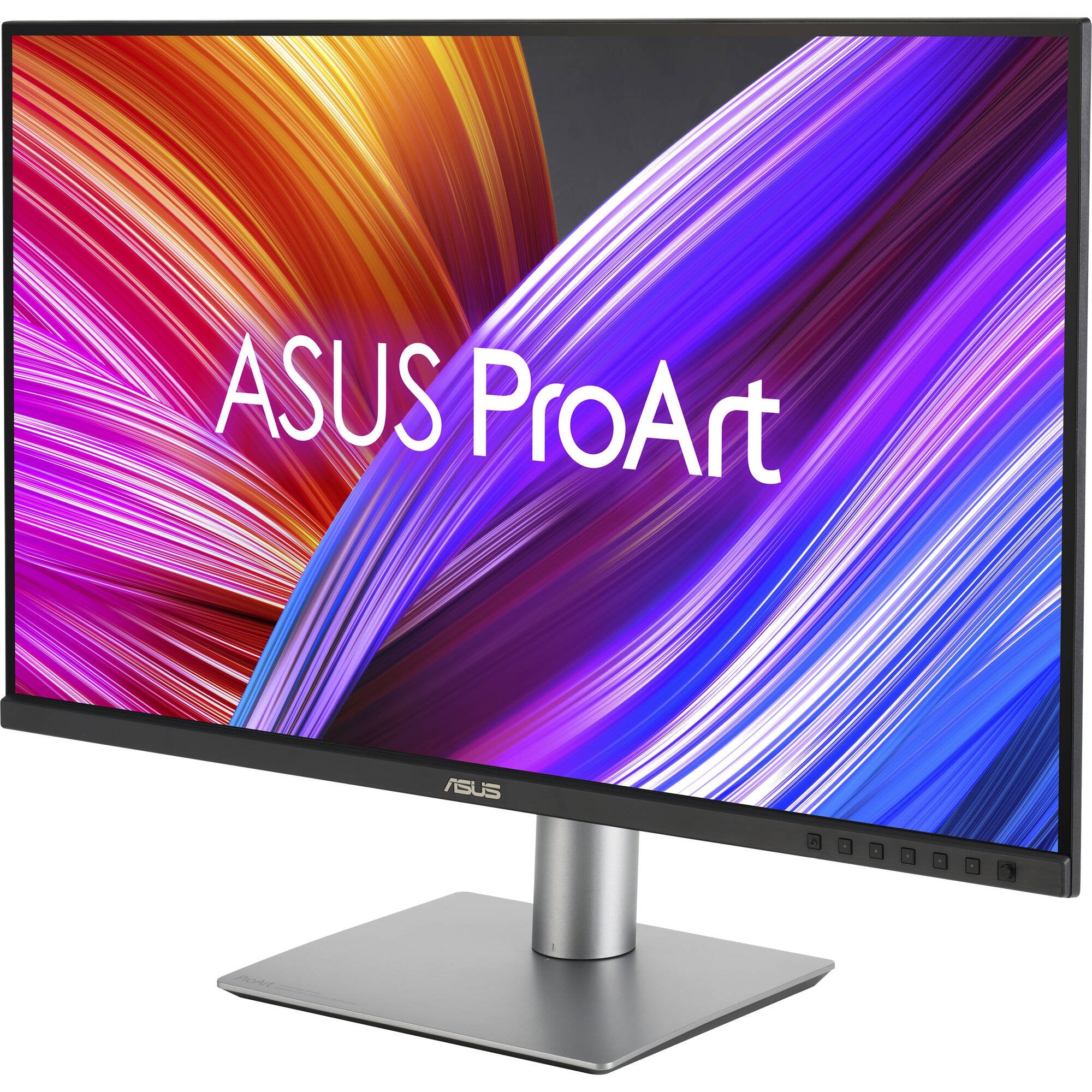 ASUS ProArt monitor with colorful display and stand on a white background