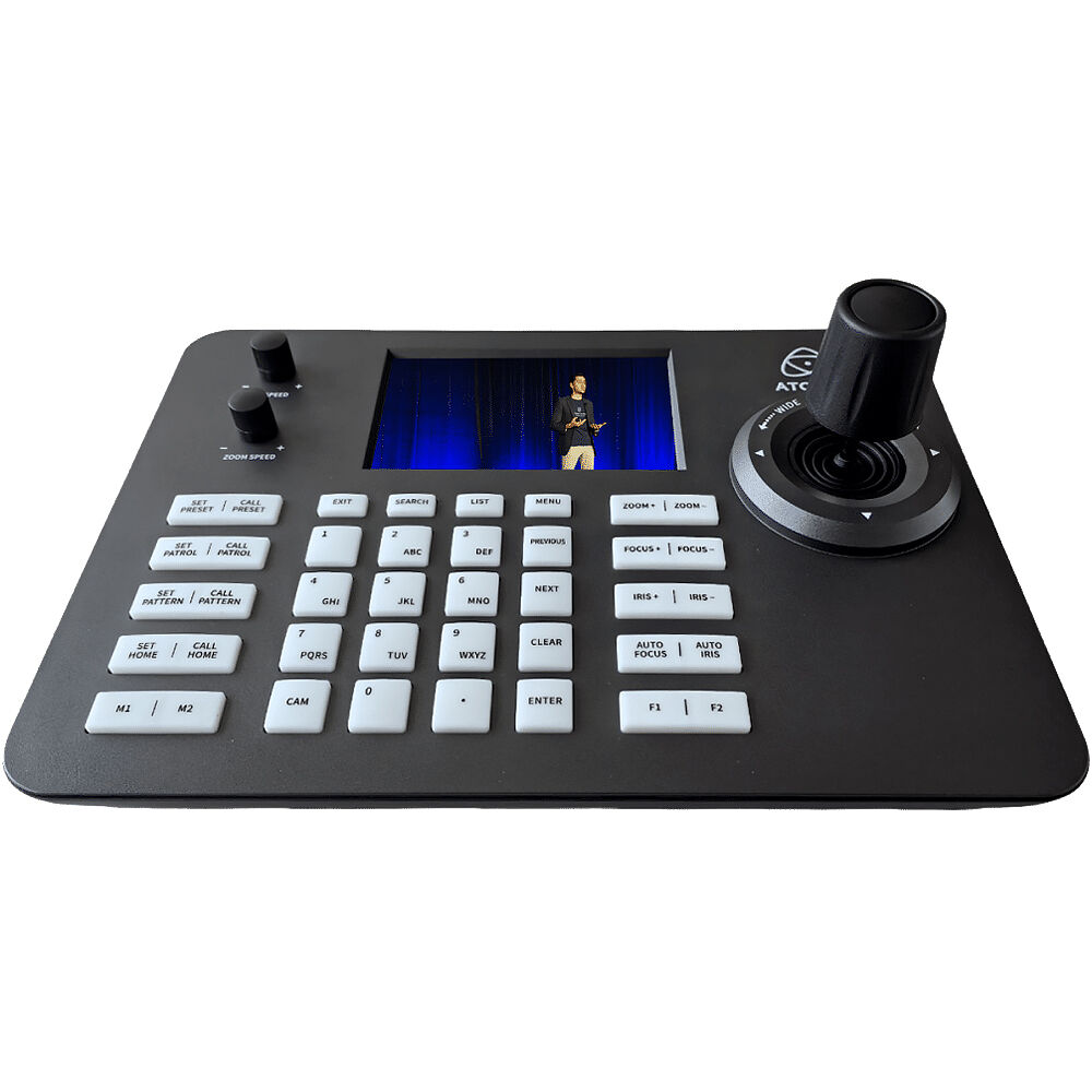 Atomos Camera Remote Control Unit for A-Eye PTZ Cameras with 5-inch LCD and 4D joystick for multi-camera operation.
