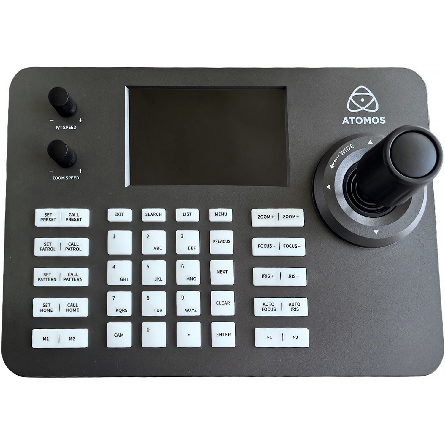 Atomos Camera Remote Control Unit for A-Eye PTZ Cameras with 5-inch LCD and 4D joystick for multi-camera operation.
