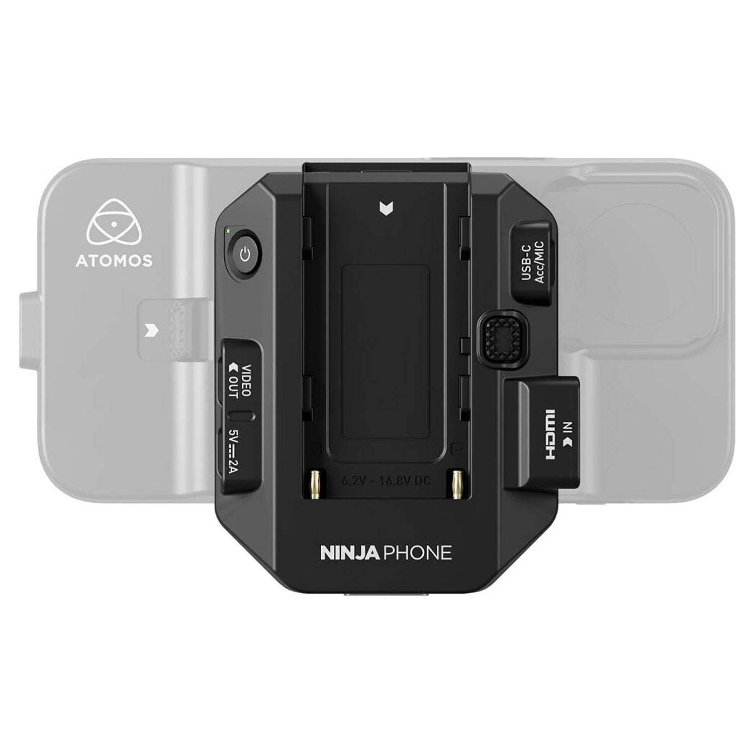 Atomos Ninja Phone video co-processor — compact black module with locking cable connector, metal housing, and HDMI/USB-C ports for professional iPhone video workflow.