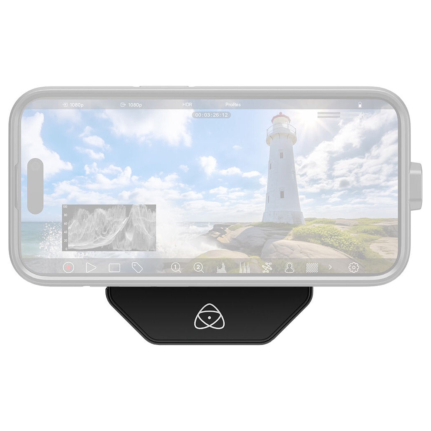 Atomos Ninja Phone video co-processor — compact black module with locking cable connector, metal housing, and HDMI/USB-C ports for professional iPhone video workflow.