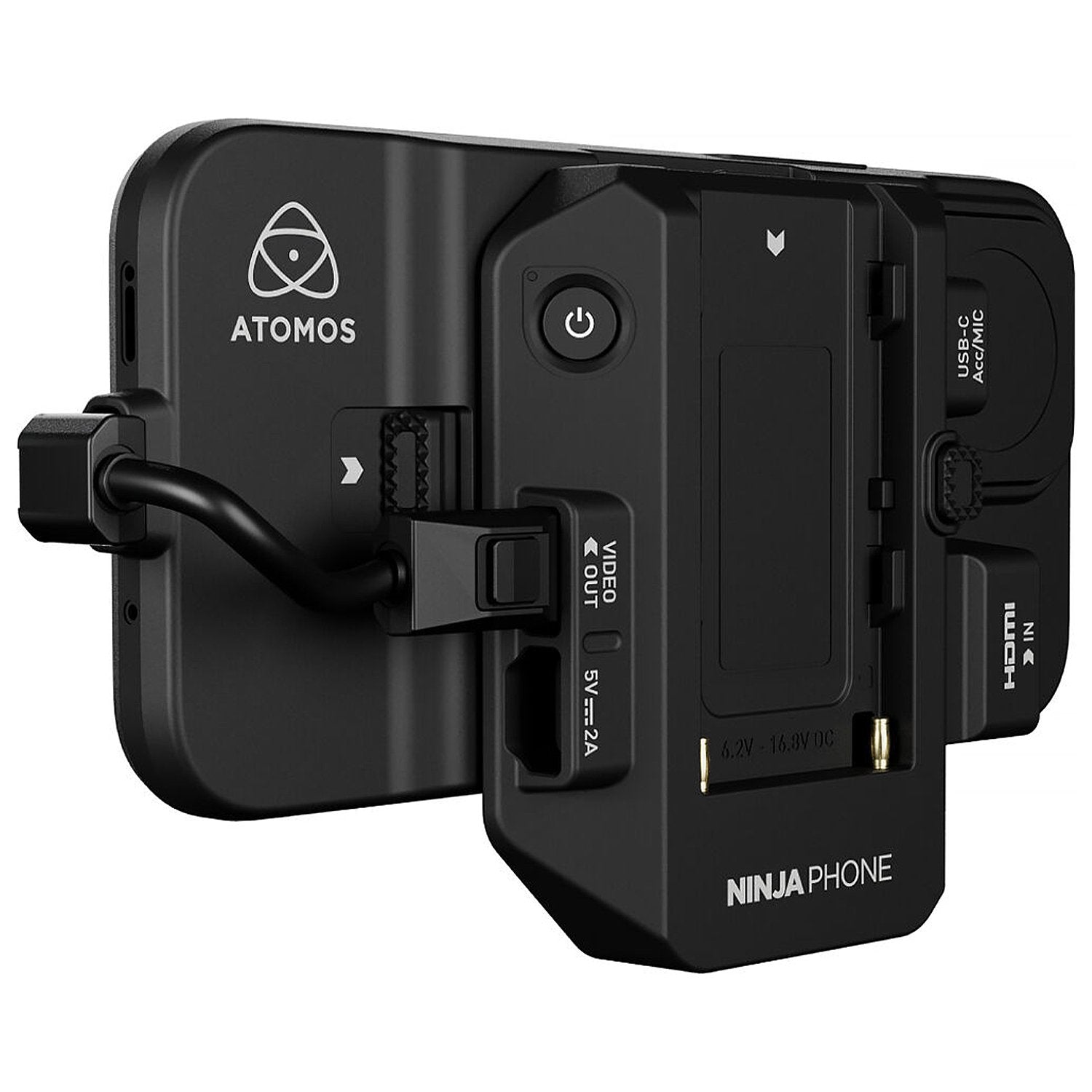 Atomos Ninja Phone video co-processor — compact black module with locking cable connector, metal housing, and HDMI/USB-C ports for professional iPhone video workflow.