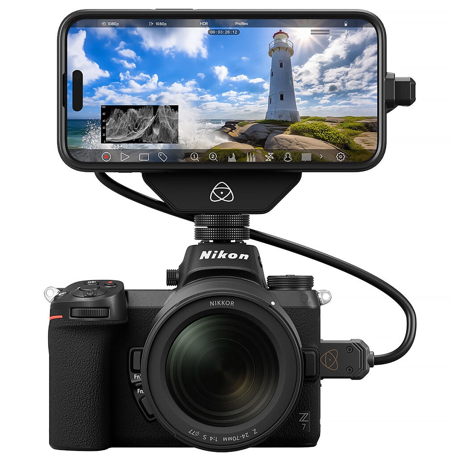 Atomos Ninja Phone video co-processor — compact black module with locking cable connector, metal housing, and HDMI/USB-C ports for professional iPhone video workflow.