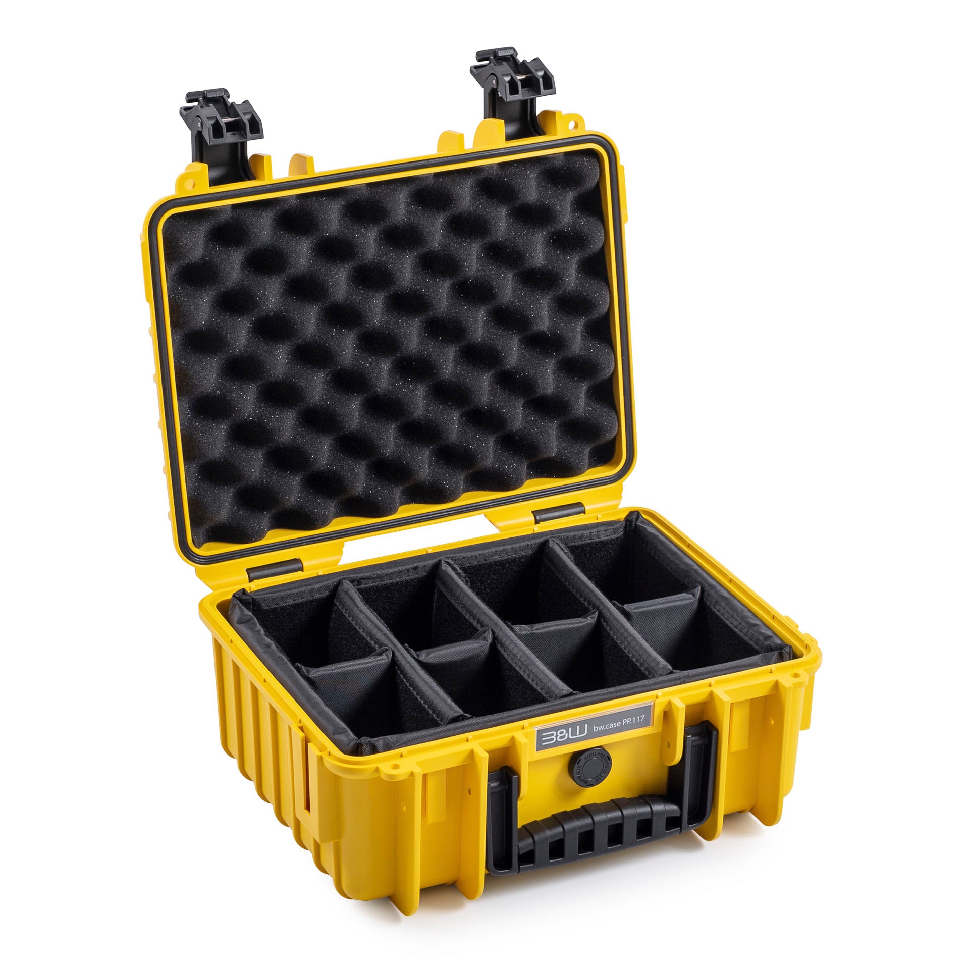 B&W Case Type 3000 in yellow with padded dividers for camera and lenses