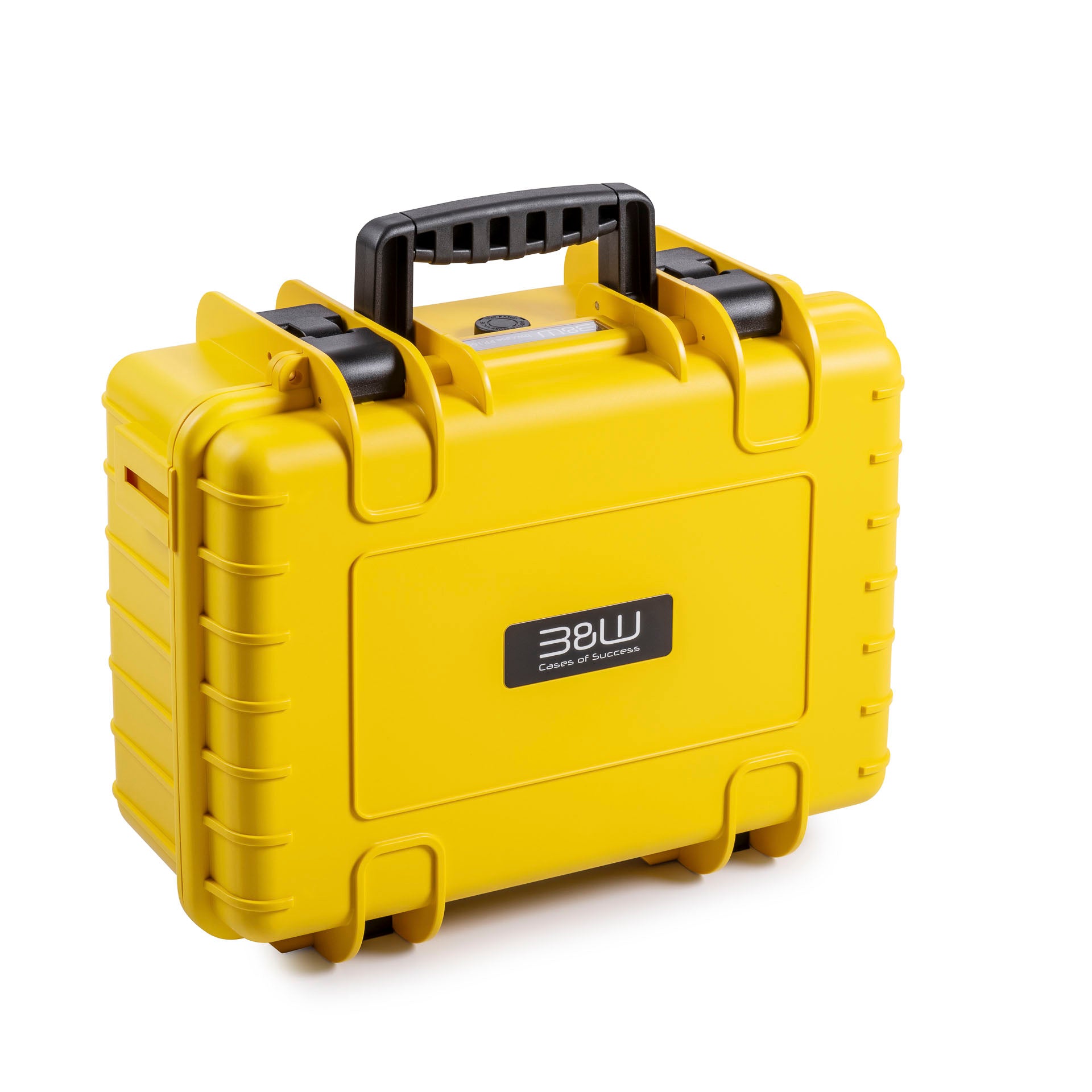 B&W Case Type 4000 hard case in yellow with padded dividers for cameras and equipment.