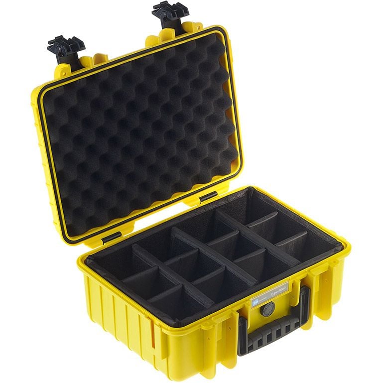 B&W Case Type 4000 hard case in yellow with padded dividers for cameras and equipment.