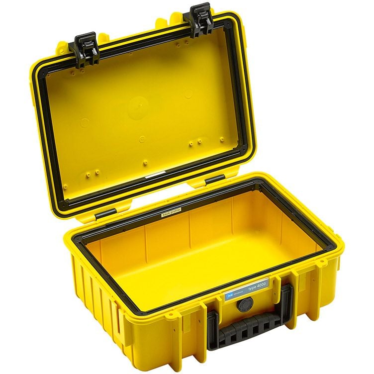B&W Case Type 4000 hard case in yellow with padded dividers for cameras and equipment.