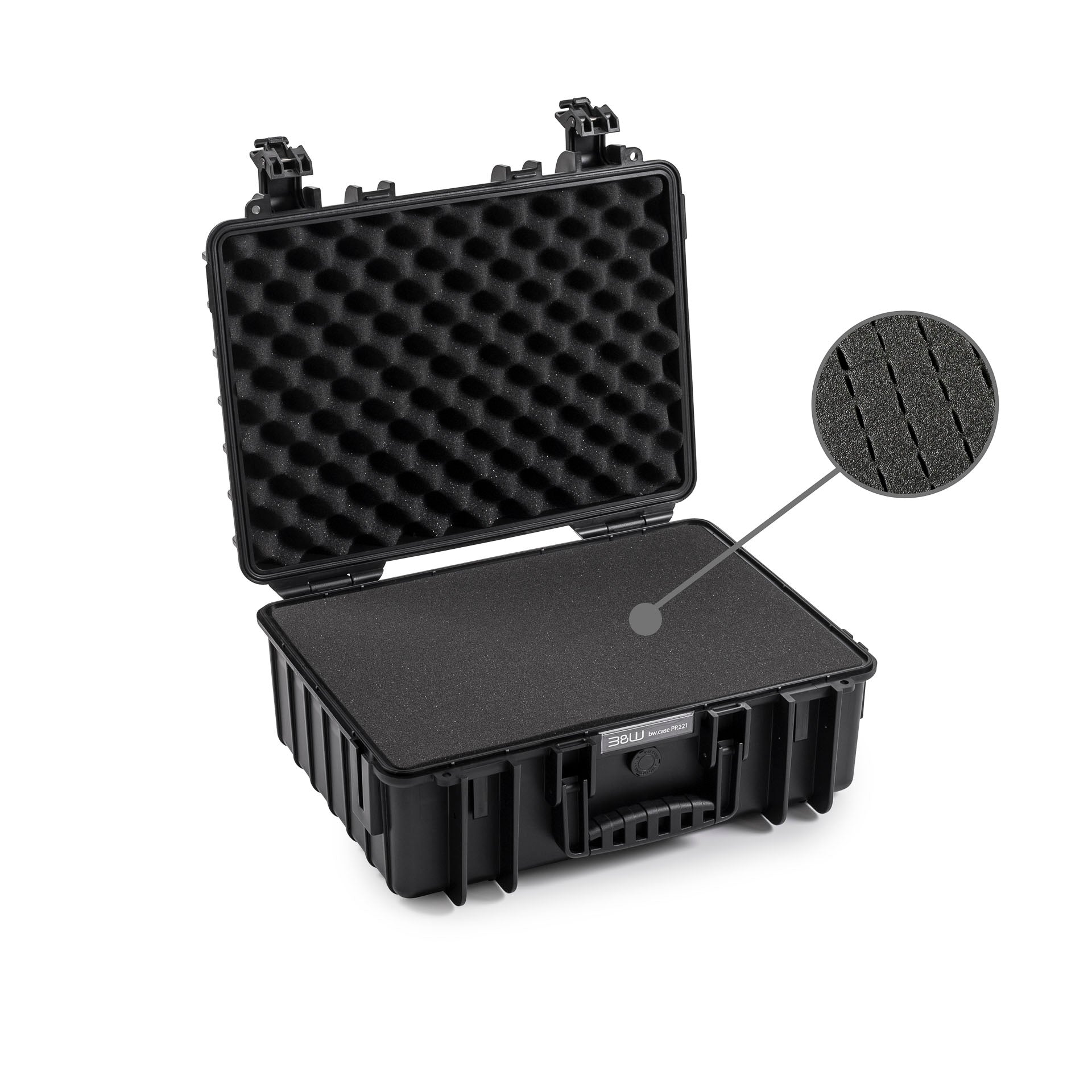 B&W Type 5000 hard case with foam inserts, black, waterproof and dust-proof, ideal for cameras and accessories.