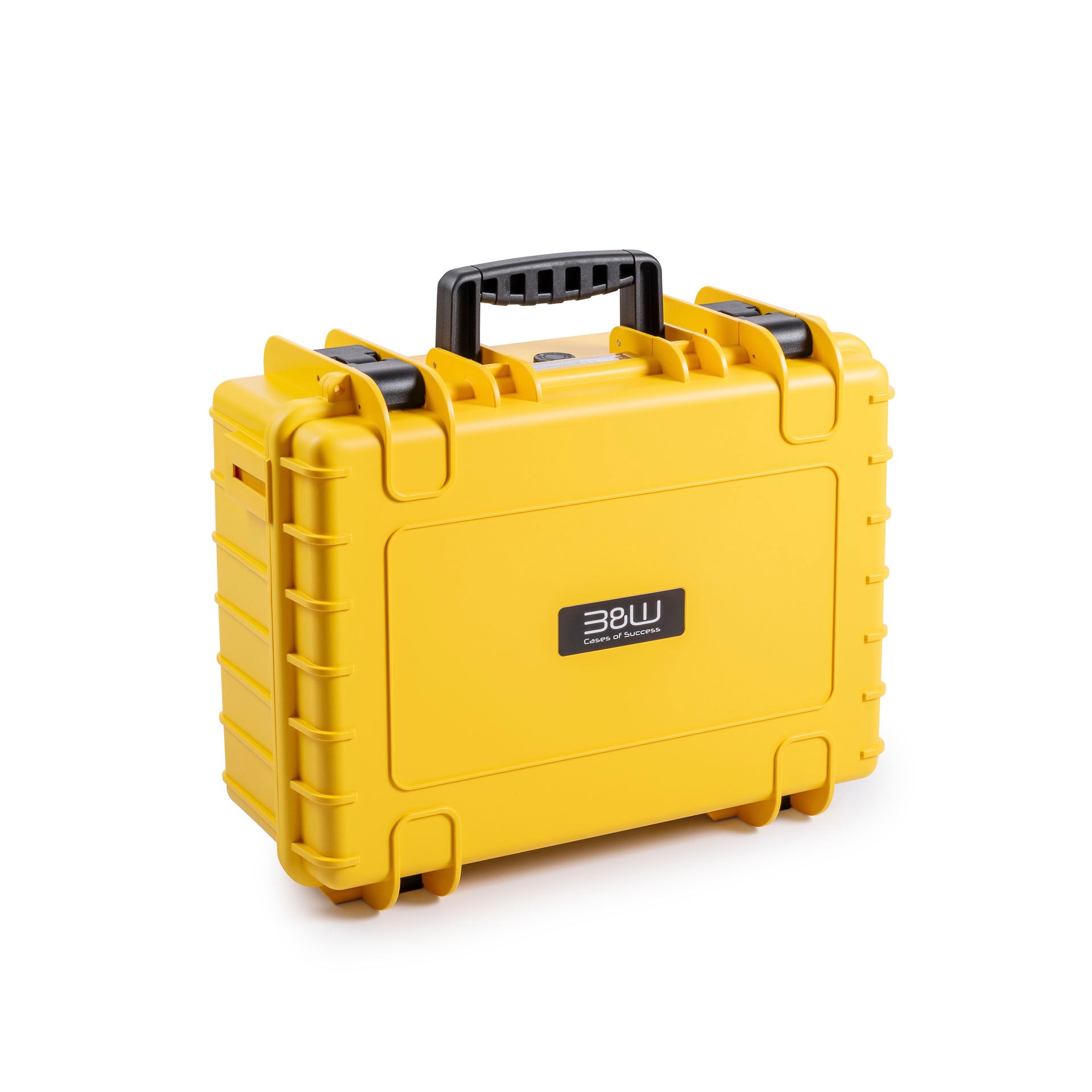 B&W Type 5000 hard case with foam inserts, yellow, waterproof and dust-proof, ideal for cameras and accessories.