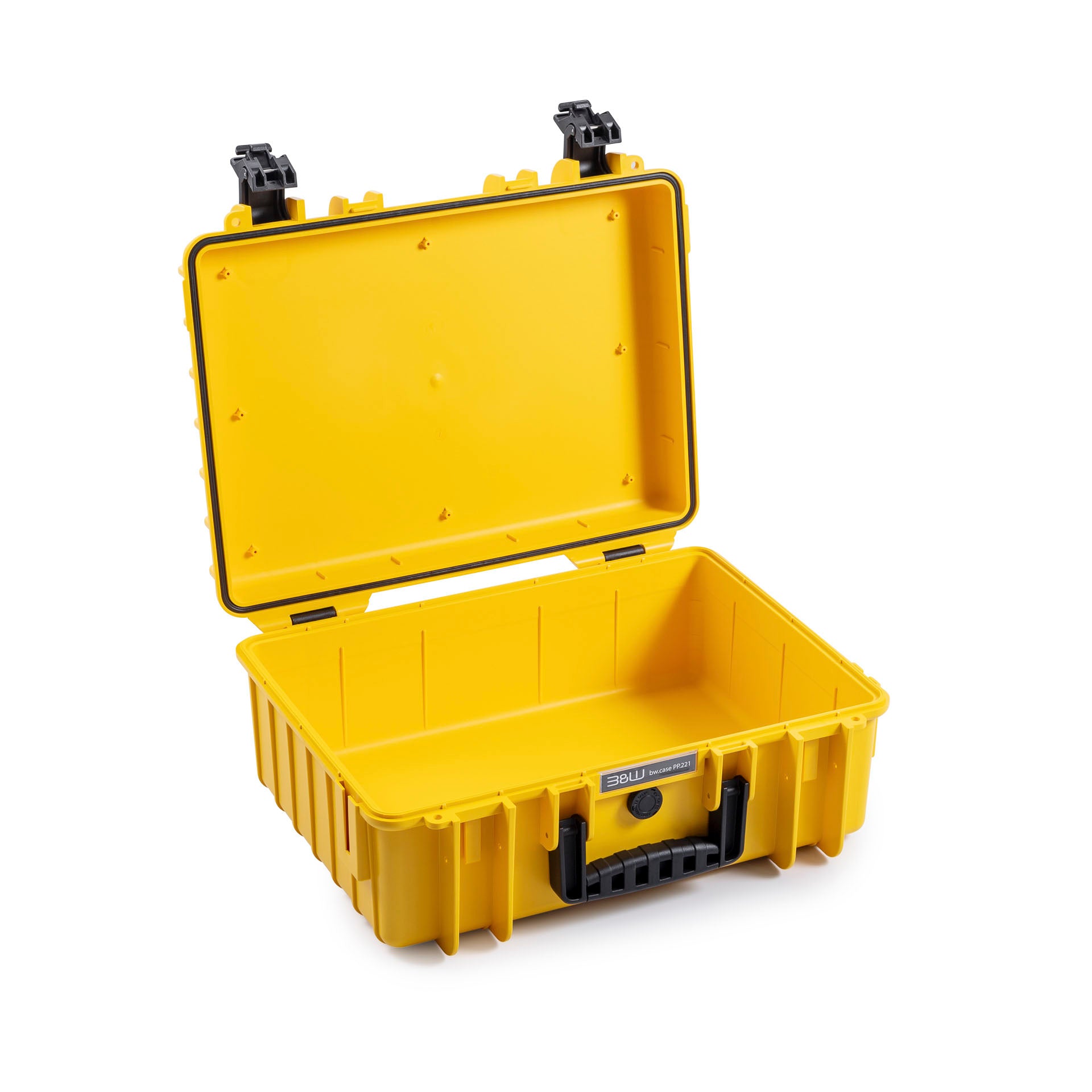B&W Type 5000 hard case with foam inserts, yellow, waterproof and dust-proof, ideal for cameras and accessories.