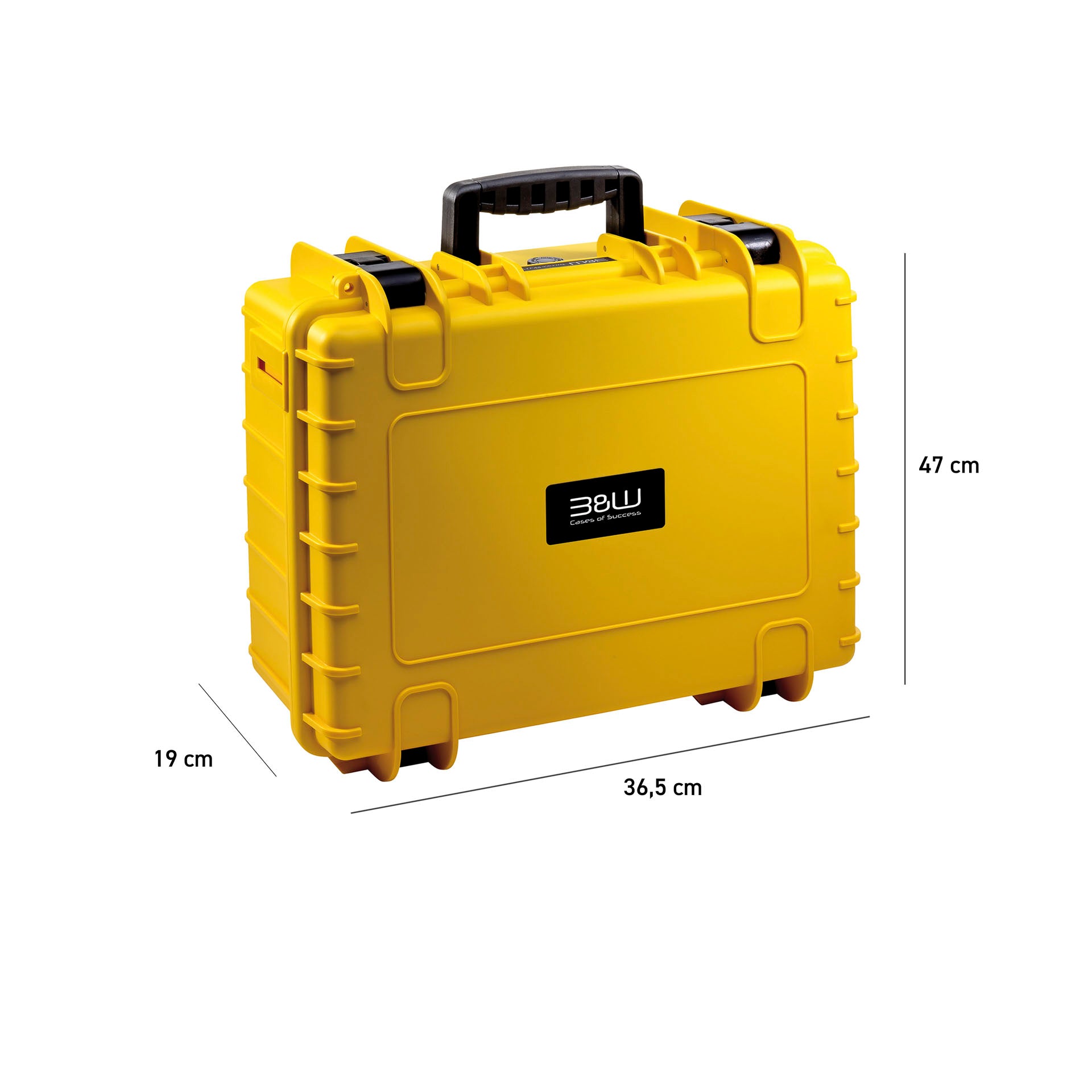 B&W Type 5000 hard case with foam inserts, yellow, waterproof and dust-proof, ideal for cameras and accessories.