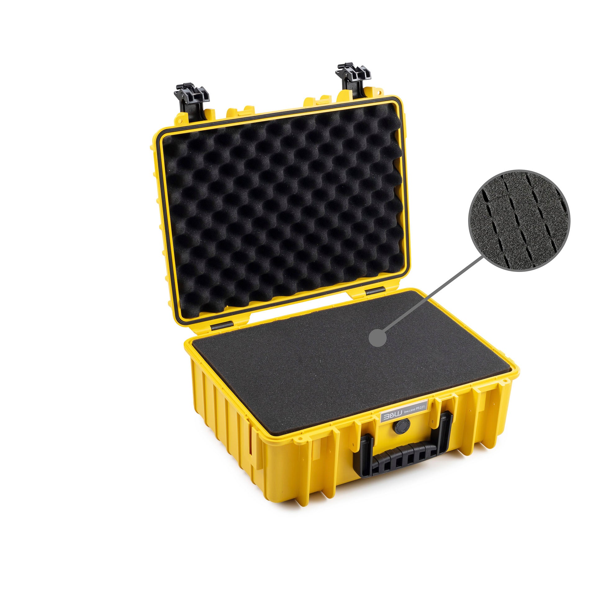 B&W Type 5000 hard case with foam inserts, yellow, waterproof and dust-proof, ideal for cameras and accessories.