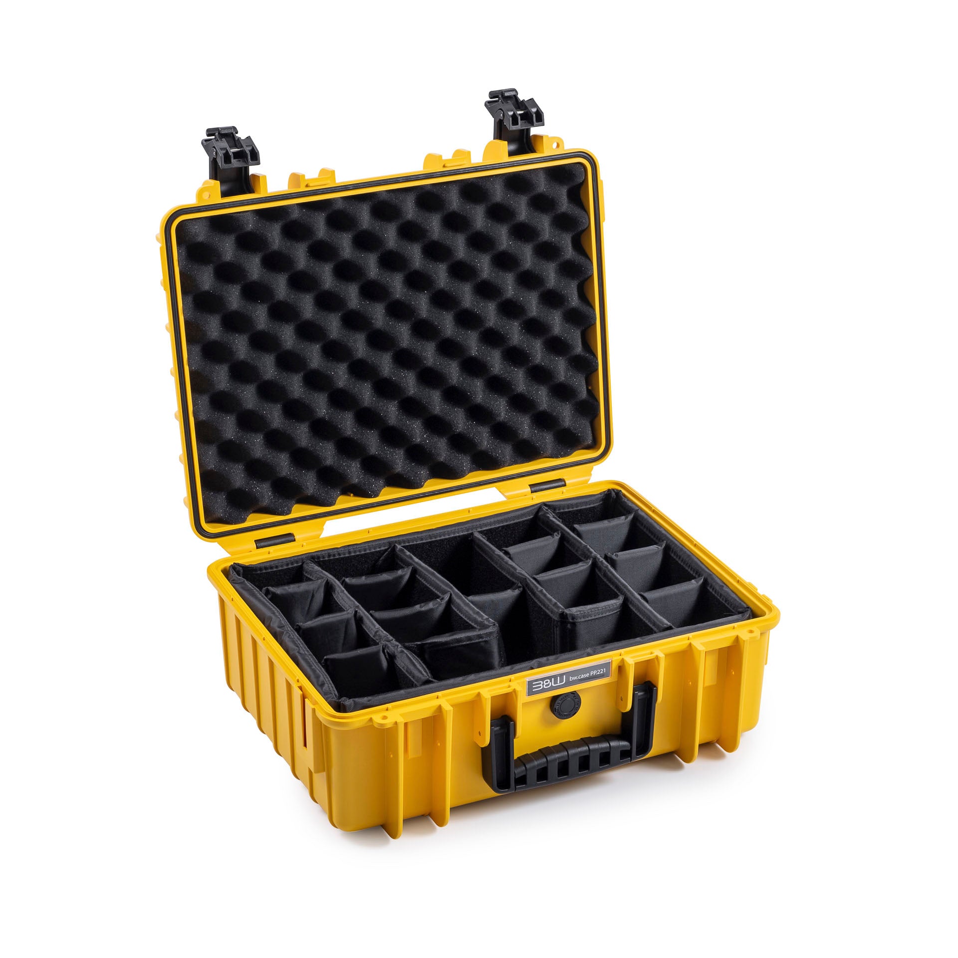 B&W Type 5000 yellow protective camera case, waterproof and shock-resistant.
