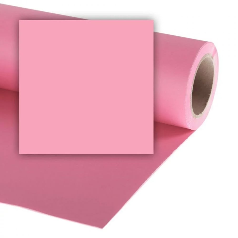 Roll of pink paper with a square piece cut out on a white background