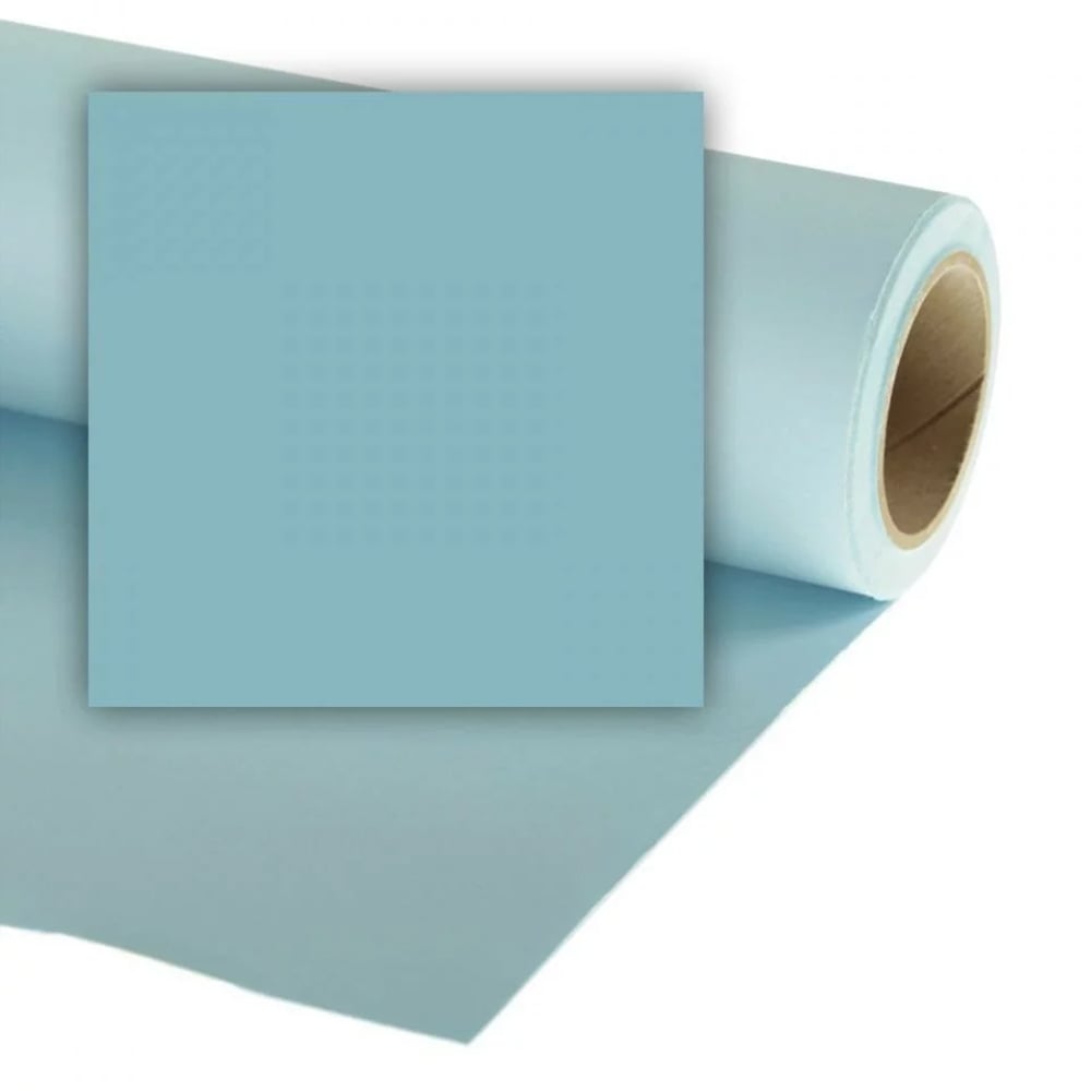 Roll of light blue paper with a square sample on a white background
