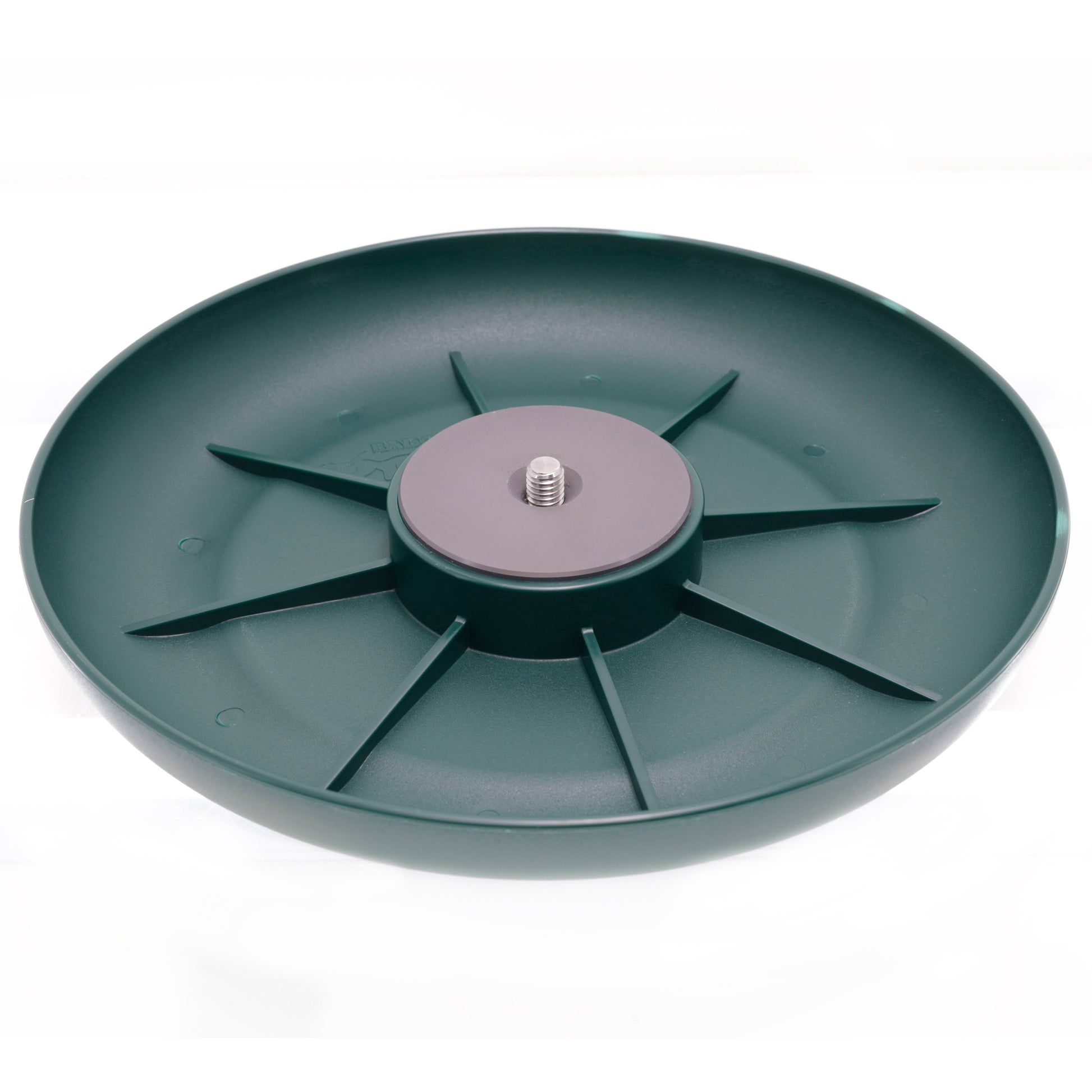 Badger Gear Ground Pod in green and black, a low-profile round camera support platform with a star‑spoke base and a central ⅜″ mounting screw; shown from top, side and angled views with adjustable pod attachment, designed for stable ground‑level or bean‑bag photography.