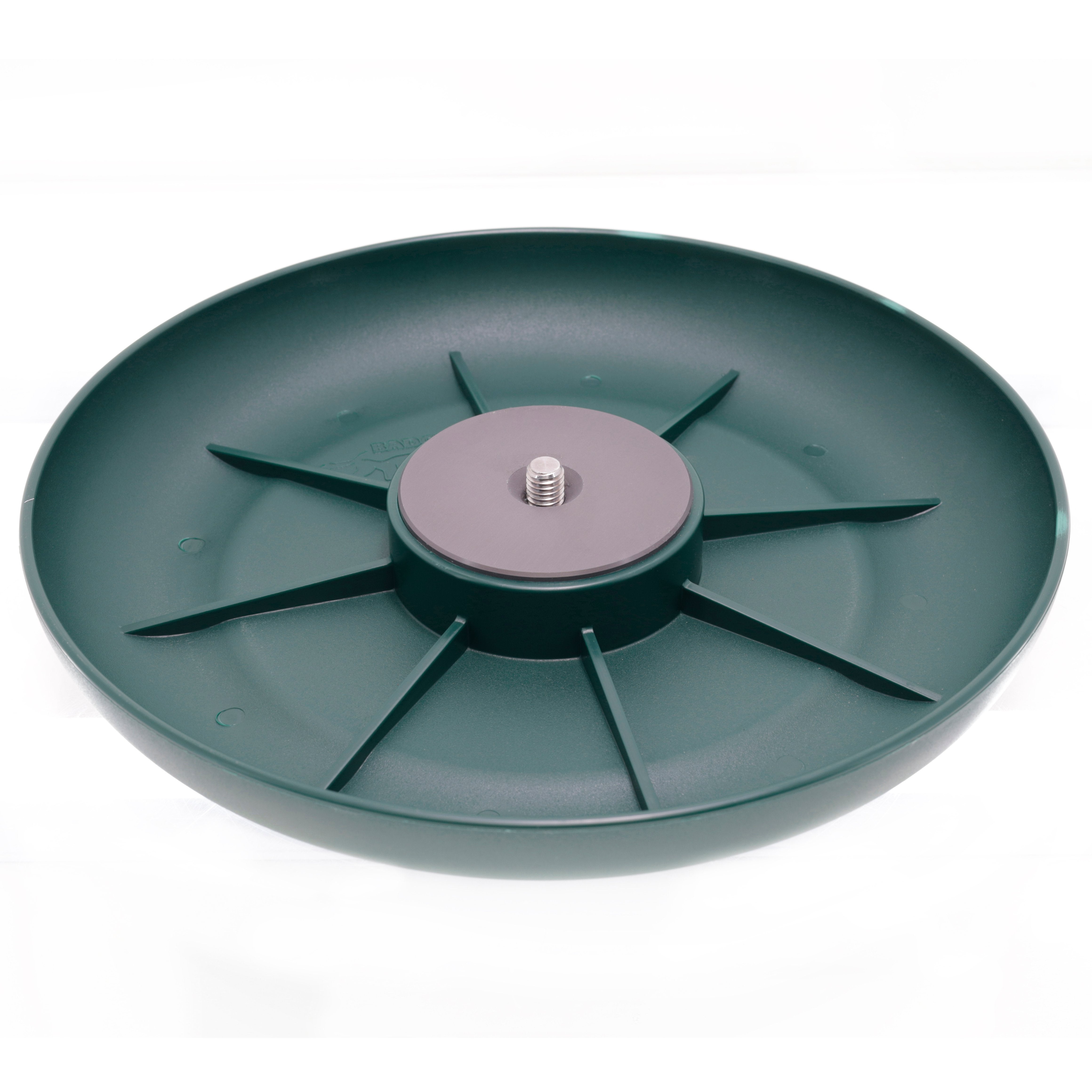 Badger Gear Ground Pod in green and black, a low-profile round camera support platform with a star‑spoke base and a central ⅜″ mounting screw; shown from top, side and angled views with adjustable pod attachment, designed for stable ground‑level or bean‑bag photography.