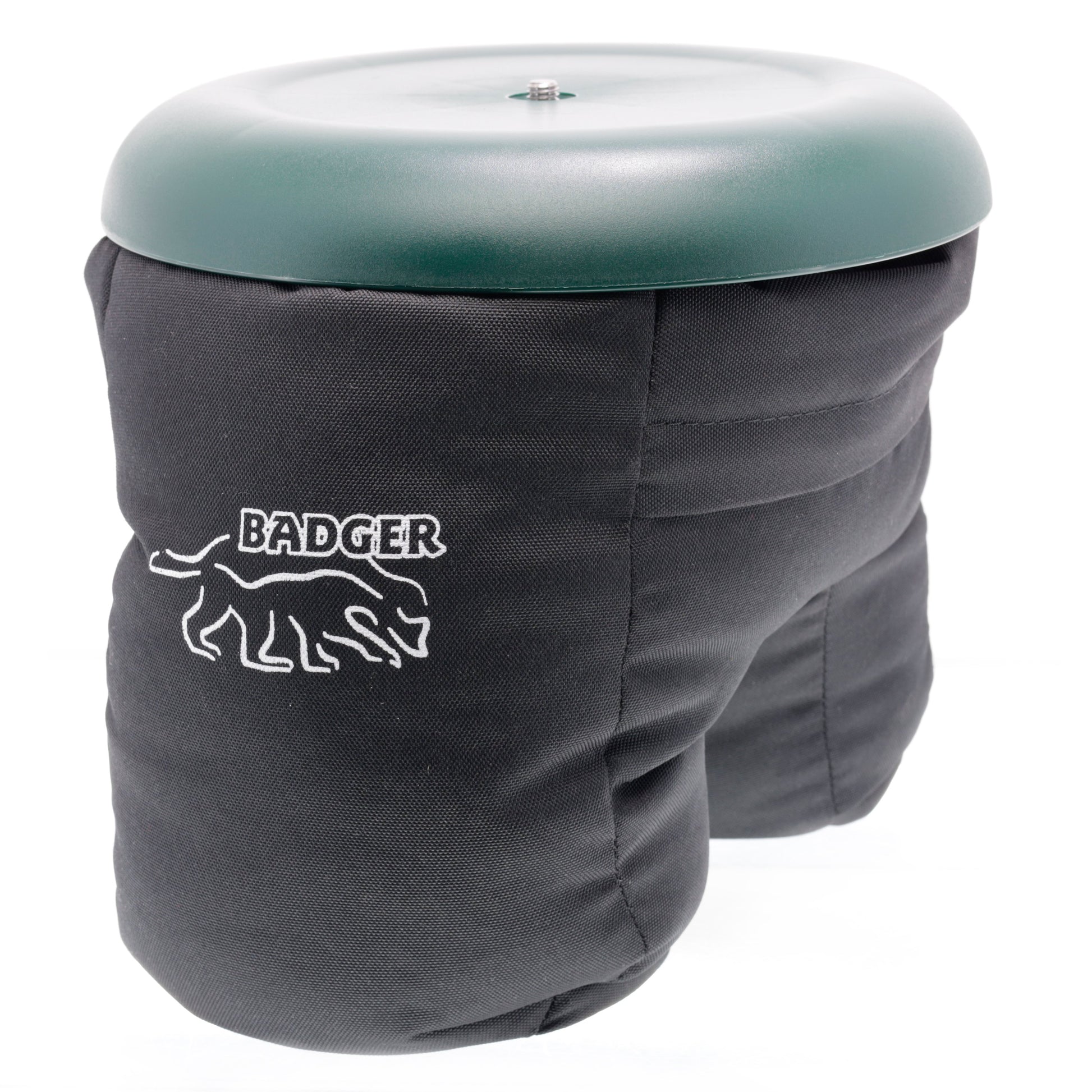 Badger Gear Ground Pod in green and black, a low-profile round camera support platform with a star‑spoke base and a central ⅜″ mounting screw; shown from top, side and angled views with adjustable pod attachment, designed for stable ground‑level or bean‑bag photography.