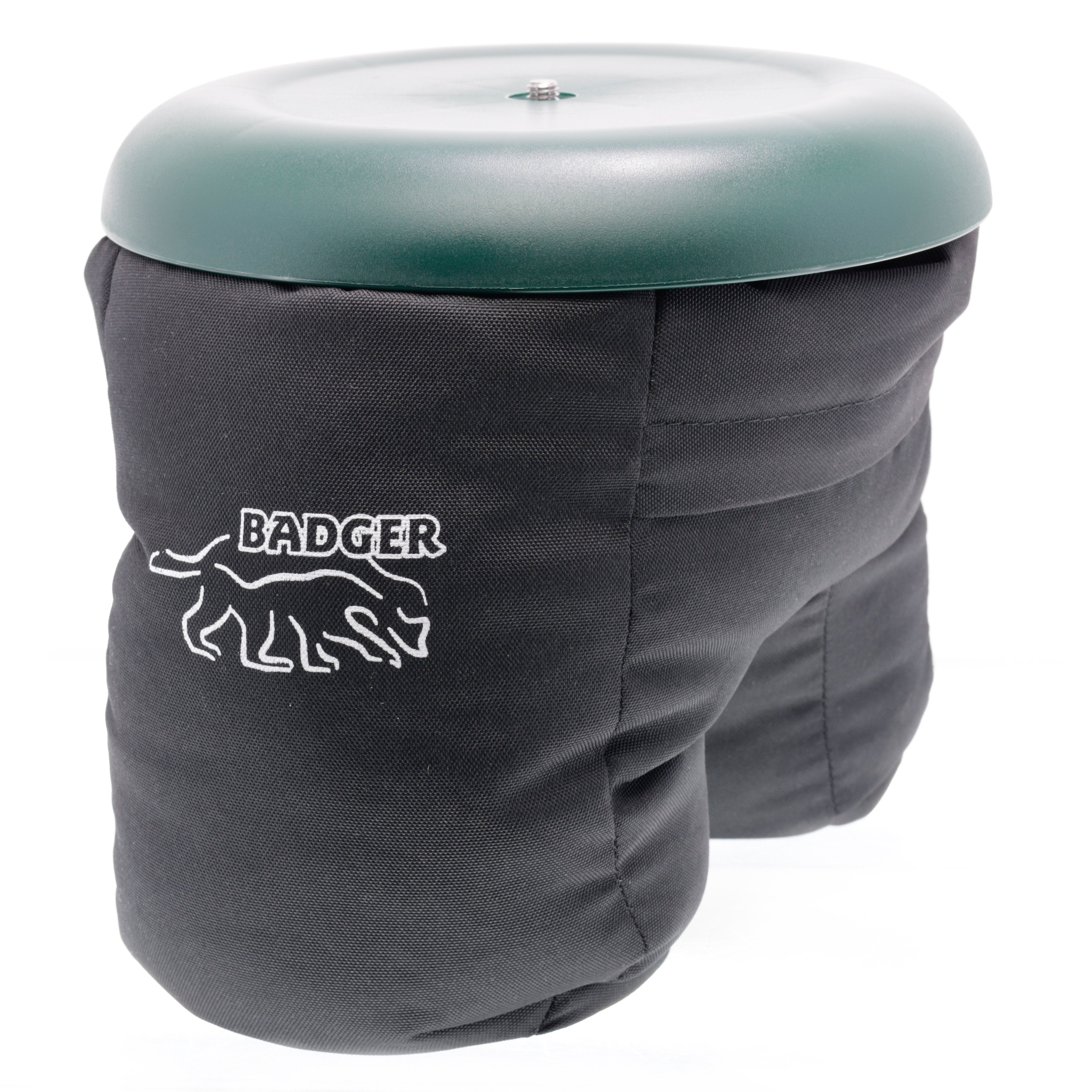 Badger Gear Ground Pod in green and black, a low-profile round camera support platform with a star‑spoke base and a central ⅜″ mounting screw; shown from top, side and angled views with adjustable pod attachment, designed for stable ground‑level or bean‑bag photography.
