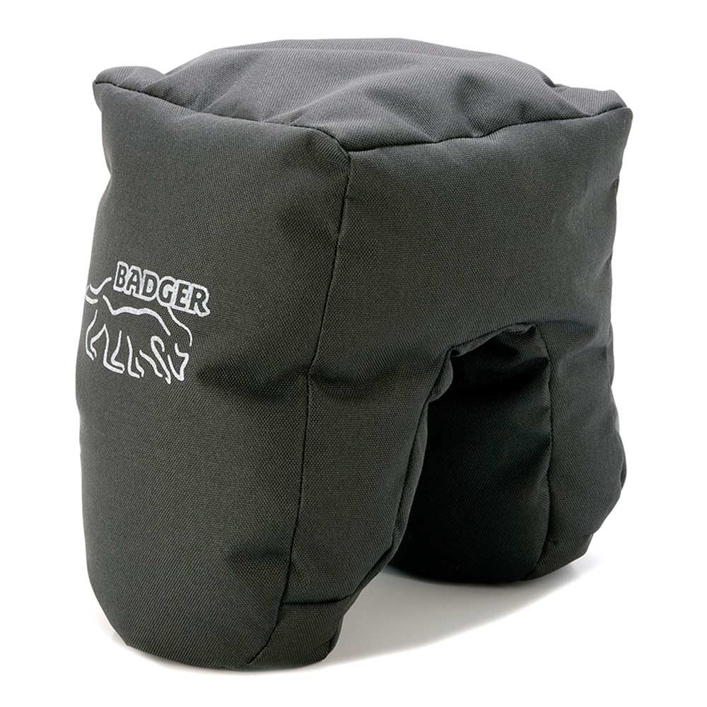Badger Gear Snug‑Fit Mini Beanbag in filled form, with grey fabric cover contoured for camera support, featuring a low-profile cushioned base and compact size ideal for stabilizing cameras on uneven surfaces.