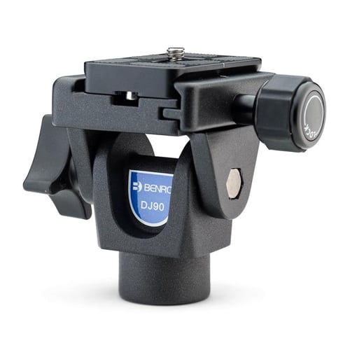 Benro DJ‑90 swivel tilt head in matte black with Arca‑Swiss quick‑release clamp, single tilt knob and PU60 plate.
