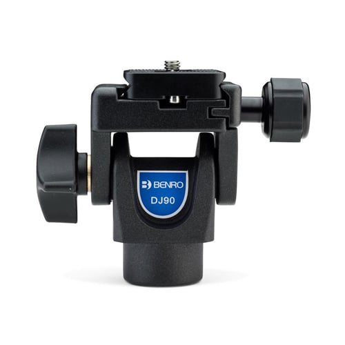 Benro DJ‑90 swivel tilt head in matte black with Arca‑Swiss quick‑release clamp, single tilt knob and PU60 plate.