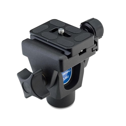 Benro DJ‑90 swivel tilt head in matte black with Arca‑Swiss quick‑release clamp, single tilt knob and PU60 plate.
