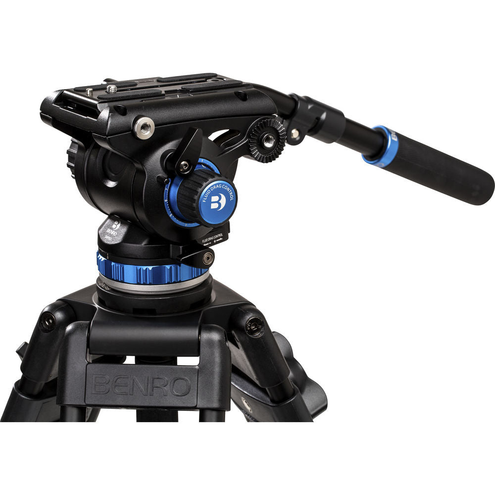 Benro A3573F aluminium tripod with flip‑lock legs and S6Pro fluid video head with pan bar.