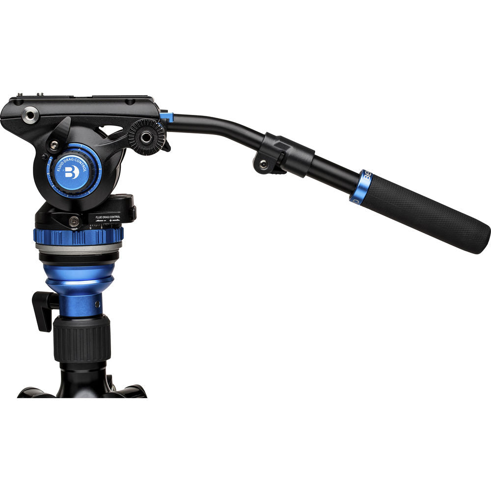 Benro A3573F aluminium tripod with flip‑lock legs and S6Pro fluid video head with pan bar.