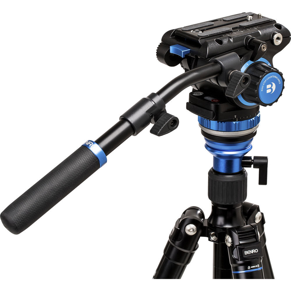 Benro A3573F aluminium tripod with flip‑lock legs and S6Pro fluid video head with pan bar.
