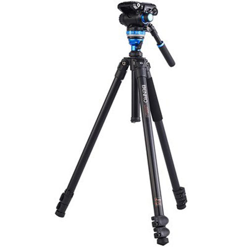 Benro A3573F aluminium tripod with flip‑lock legs and S6Pro fluid video head with pan bar.