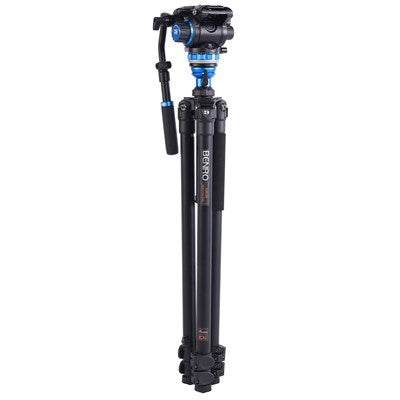 Benro A3573F aluminium tripod with flip‑lock legs and S6Pro fluid video head with pan bar.