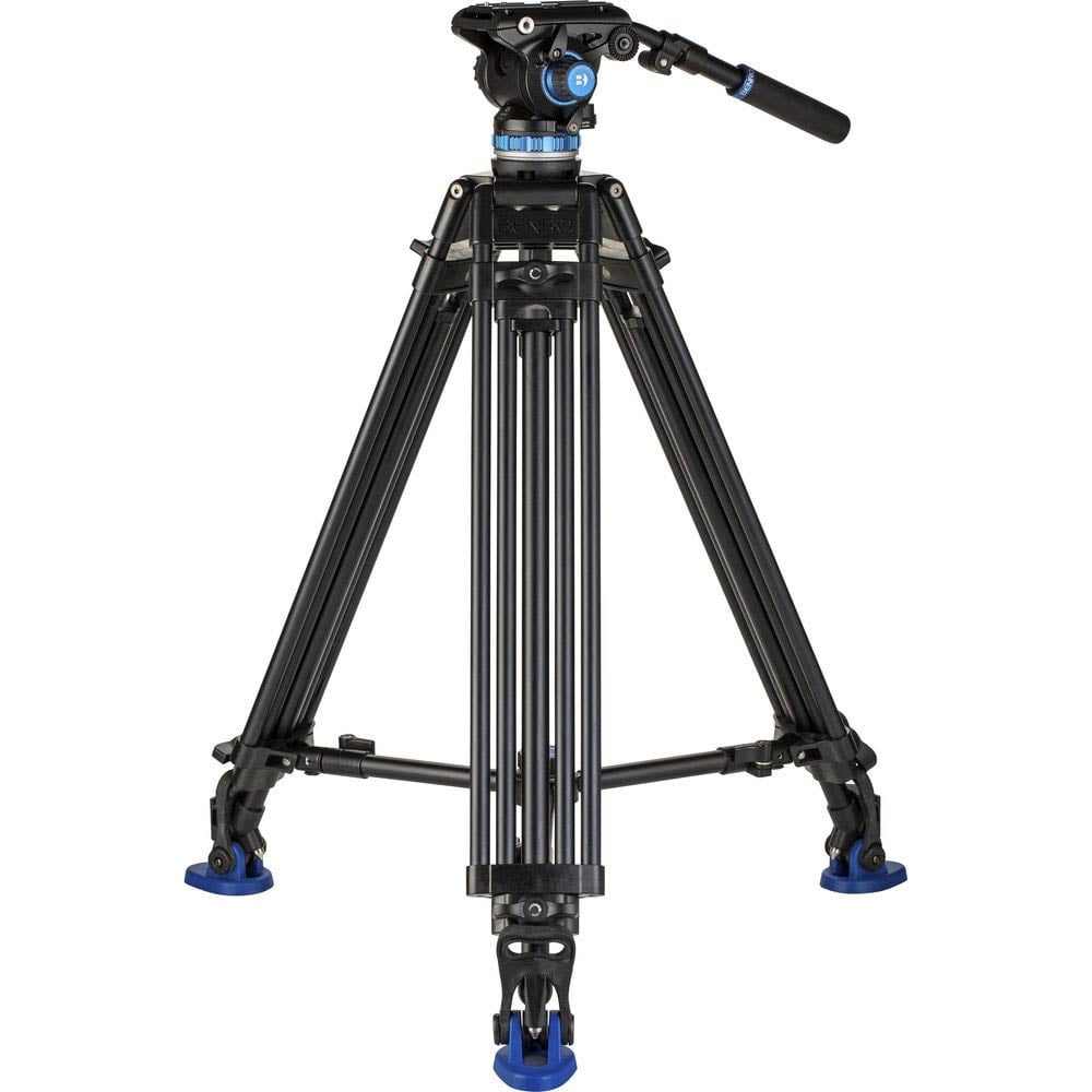Black video tripod with a head on a white background