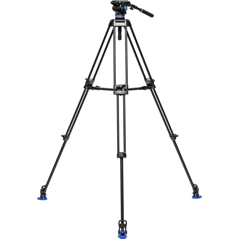 Black video tripod with blue accents on a white background