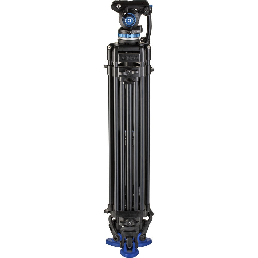 Black camera tripod with blue accents on a white background
