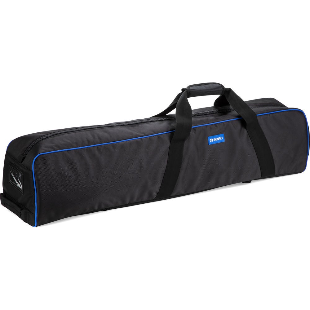 Black carrying case with blue accents on a white background