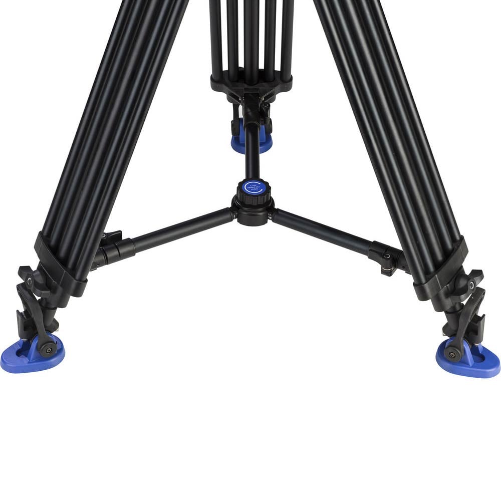 Black tripod with blue foot pads on a white background