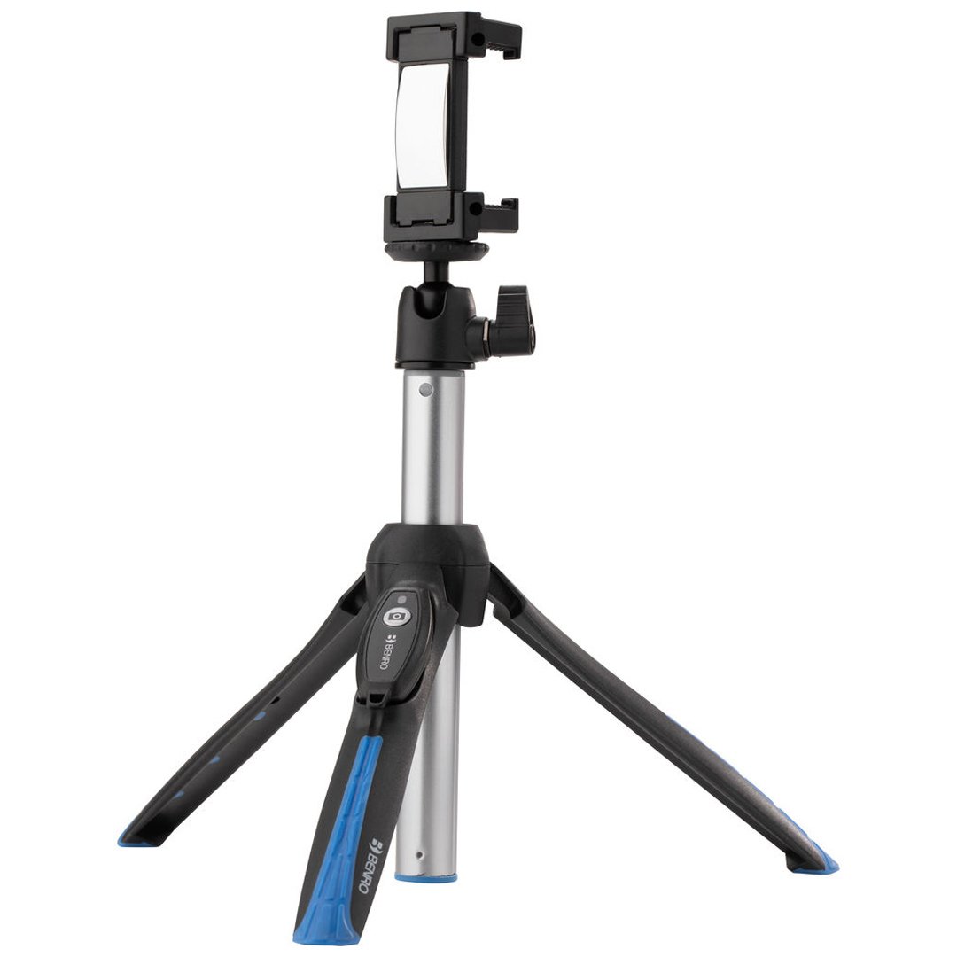 Benro BK15 tabletop tripod and selfie stick in black, featuring adjustable legs and telescopic extension with a 1/4‑inch mount for smartphones—ideal for stable shots and handheld selfies.