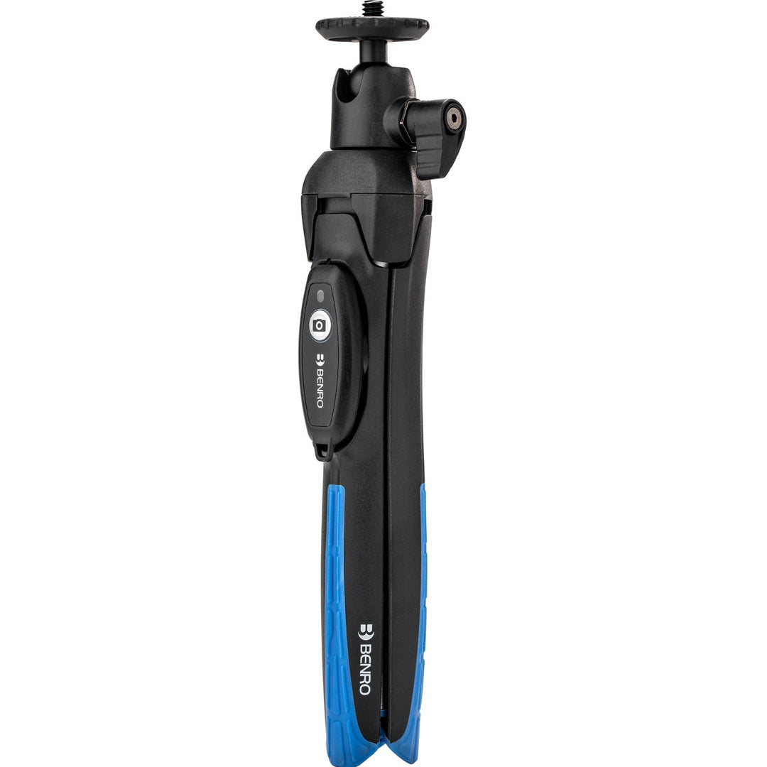 Benro BK15 tabletop tripod and selfie stick in black, featuring adjustable legs and telescopic extension with a 1/4‑inch mount for smartphones—ideal for stable shots and handheld selfies.