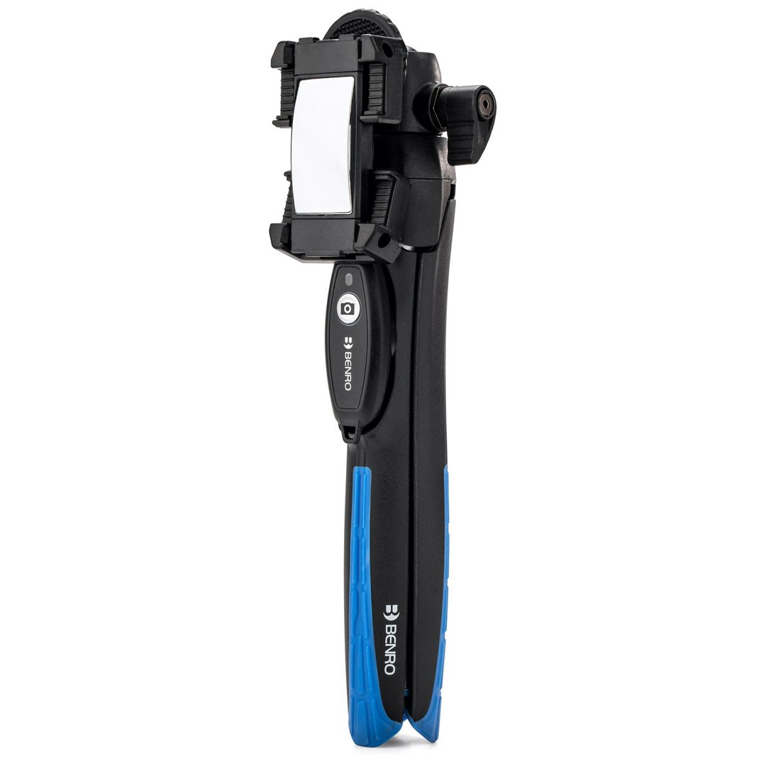 Benro BK15 tabletop tripod and selfie stick in black, featuring adjustable legs and telescopic extension with a 1/4‑inch mount for smartphones—ideal for stable shots and handheld selfies.