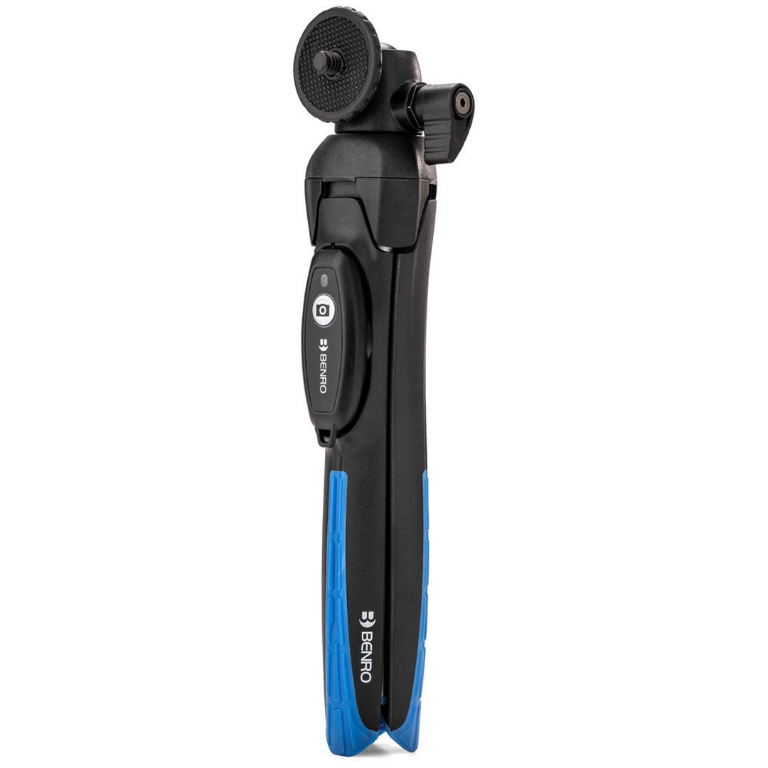 Benro BK15 tabletop tripod and selfie stick in black, featuring adjustable legs and telescopic extension with a 1/4‑inch mount for smartphones—ideal for stable shots and handheld selfies.