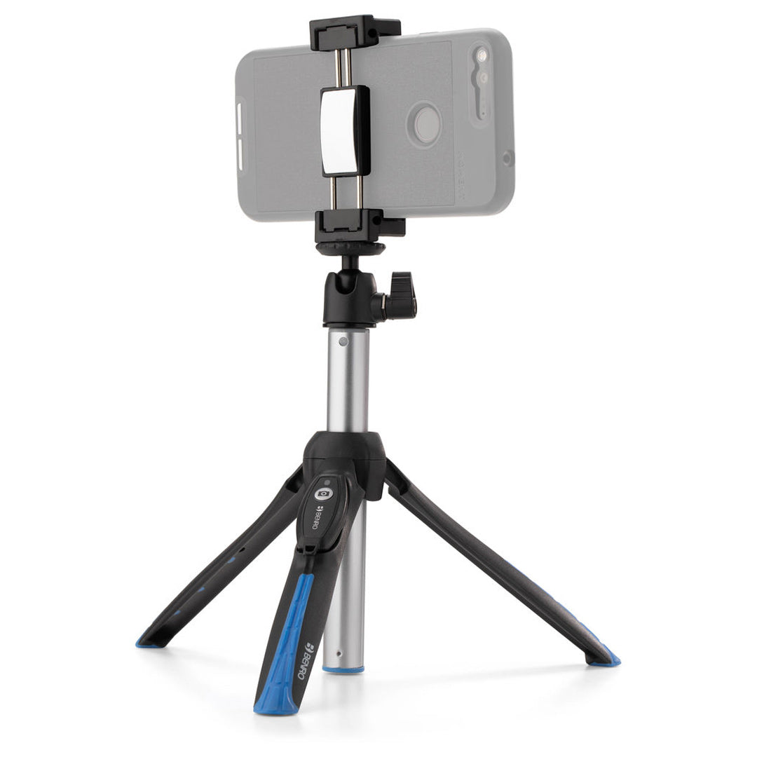 Benro BK15 tabletop tripod and selfie stick in black, featuring adjustable legs and telescopic extension with a 1/4‑inch mount for smartphones—ideal for stable shots and handheld selfies.
