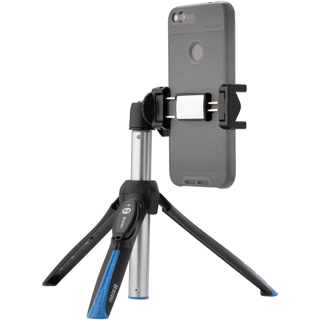 Benro BK15 tabletop tripod and selfie stick in black, featuring adjustable legs and telescopic extension with a 1/4‑inch mount for smartphones—ideal for stable shots and handheld selfies.