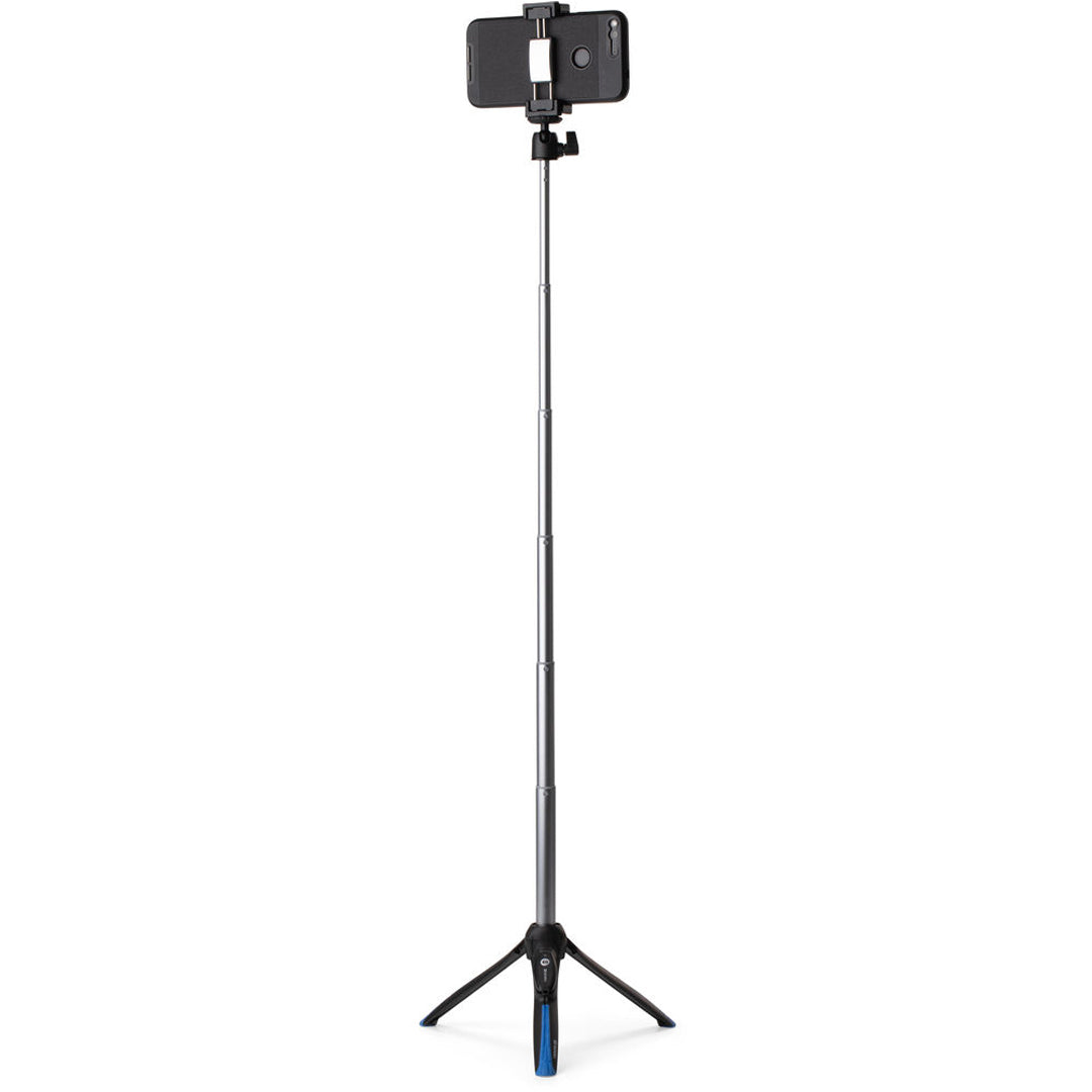 Benro BK15 tabletop tripod and selfie stick in black, featuring adjustable legs and telescopic extension with a 1/4‑inch mount for smartphones—ideal for stable shots and handheld selfies.