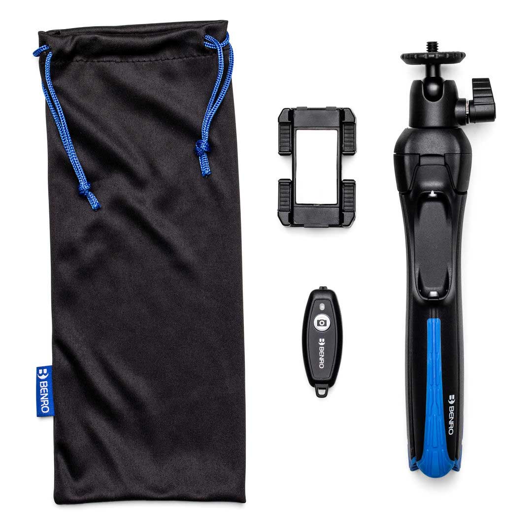 Benro BK15 tabletop tripod and selfie stick in black, featuring adjustable legs and telescopic extension with a 1/4‑inch mount for smartphones—ideal for stable shots and handheld selfies.