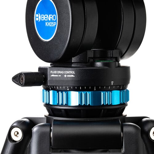 Benro KH25P video tripod in black with fluid video head attached, featuring three-section adjustable legs with flip locks, integrated mid-level spreader, retractable spiked rubber feet, ergonomic fluid pan‑tilt head with control arms, quick‑release camera plate, and built-in bubble level.