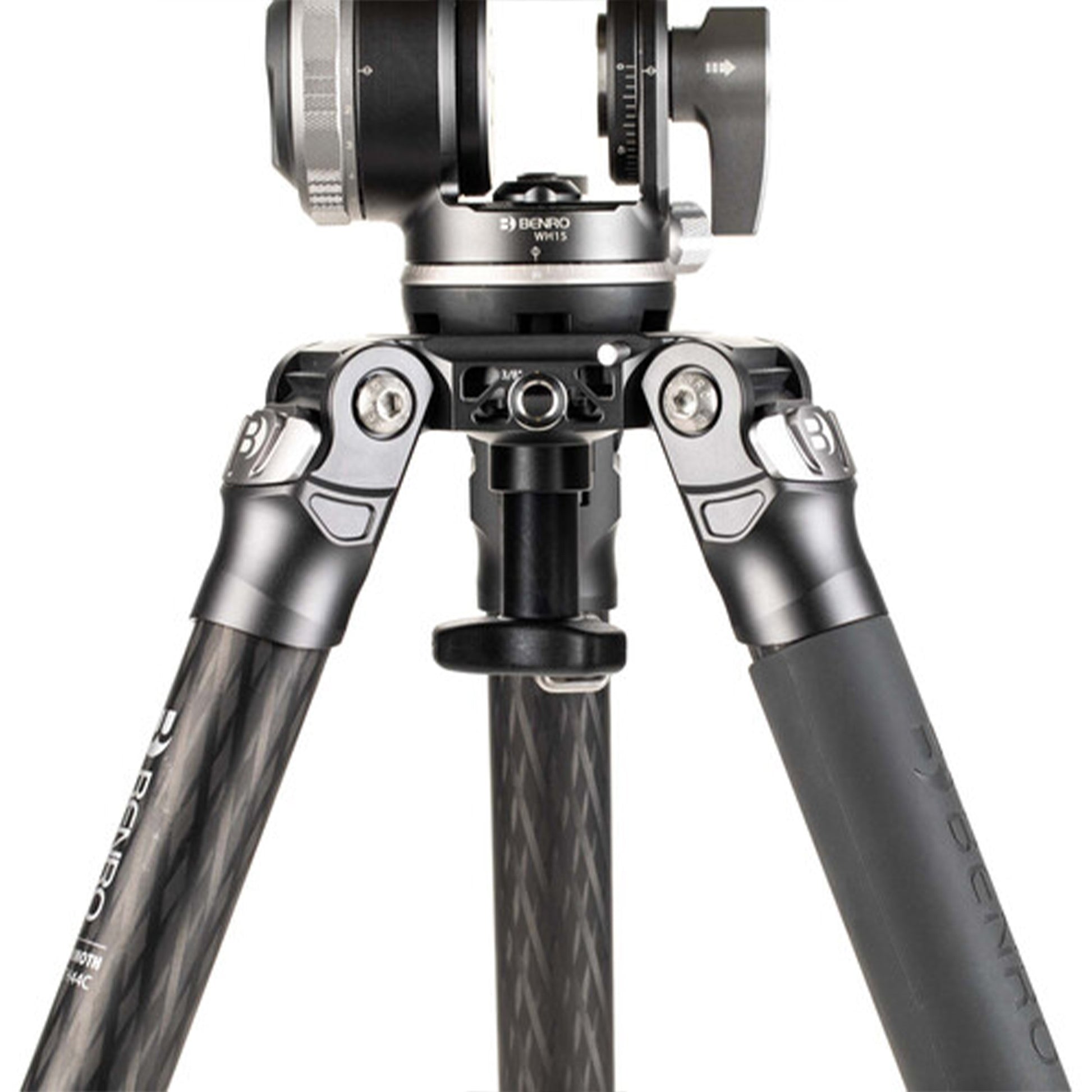Benro Mammoth carbon‑fiber tripod, matte black, twist‑lock legs and leveling bowl mount.
