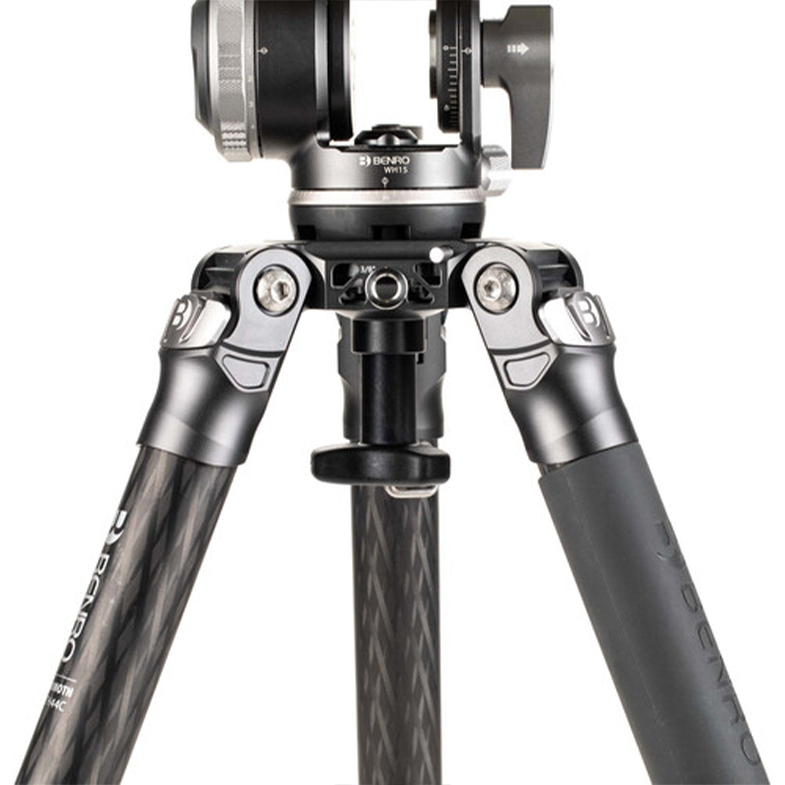 Benro Mammoth carbon‑fiber tripod, matte black, twist‑lock legs and leveling bowl mount.