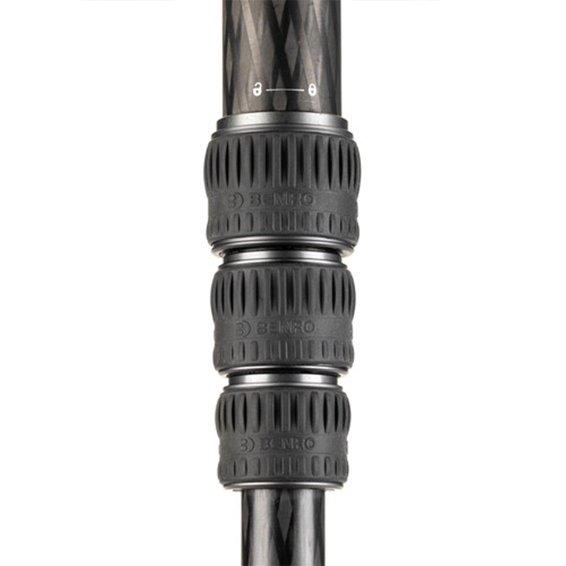Benro Mammoth carbon‑fiber tripod, matte black, twist‑lock legs and leveling bowl mount.